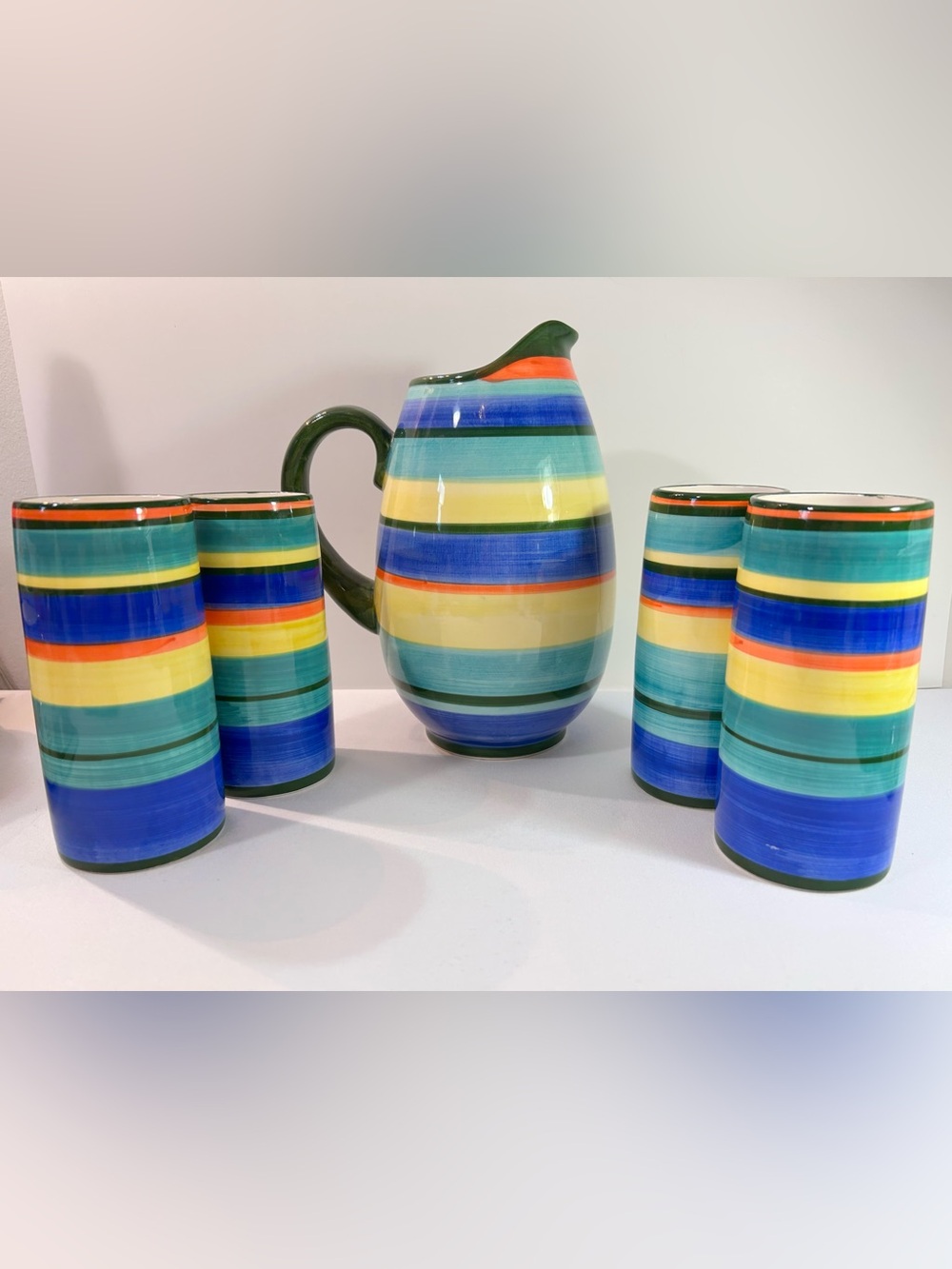 Vintage‎ 1990s Striped Ceramic Pitcher Set in Green and Blue
